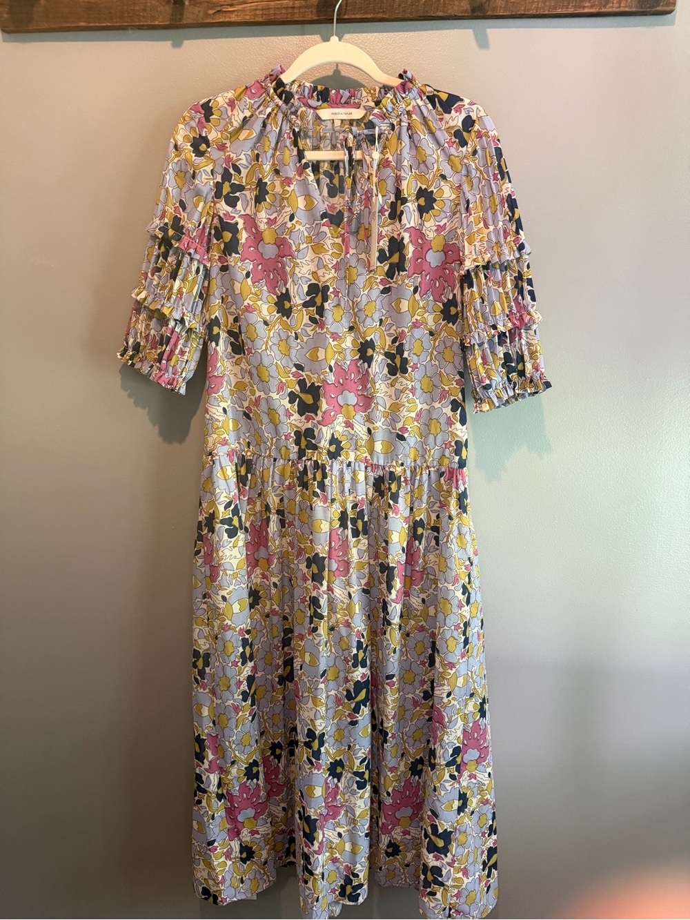 Rebecca Taylor Floral Midi Dress in Pink, Yellow & Navy-oversized fit.
